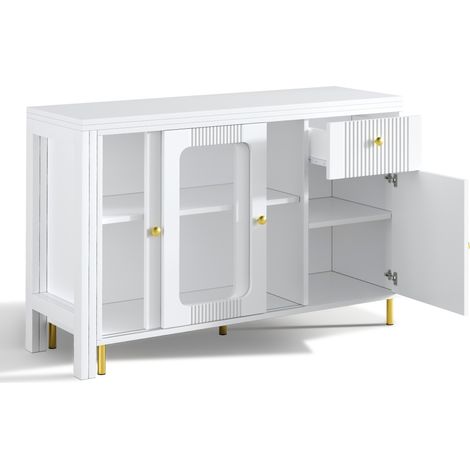 Credenza bianca con tavolo estensibile ribaltabile, vetro temperato e gambe dorate HOMVRA (1/5)