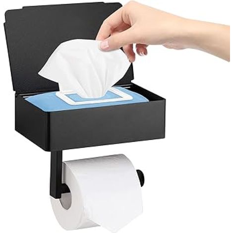 Porte-papier toilette avec distributeur de lingettes humides, en acier inoxydable noir mat, à fixation murale, convient aux cuisines et salles de bains, peut être collé ou percé pour l'installation. (1/5)