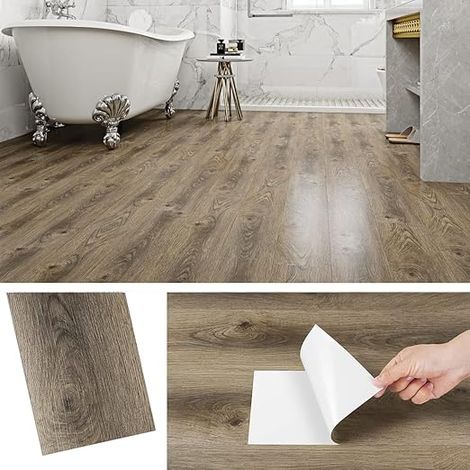 PVC Tile Adhesive Floor Wood Oak Rustic Lino Floor Adhesive Wood Brown Waterproof PVC Floors Imitation Parquet Adhesive Floors Bathroom Kitchen Blade Wall Adhesive 90 x 15 cm, 4 Tiles (1/5)
