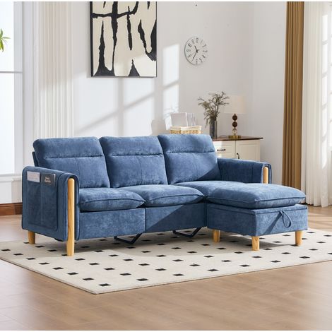 Sofá esquinero de 3 plazas de 201x77x86 cm con compartimento de almacenamiento, bolsillo lateral y chaise longue reversible, tejido de chenilla - azul (1/5)