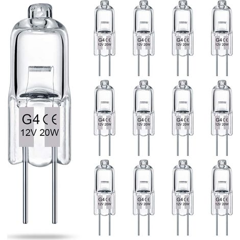 Ampoules halogènes G4 (lot de 12) — Transparentes, culot à deux broches, 12 V 20 W, type JC T3, intensité variable, lumière blanc chaud 2700 K (1/5)