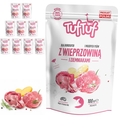 Cibo umido per cani TufTuf, gusto maiale e patate, in bustine da 10x100g, con carne in scatola. (1/2)