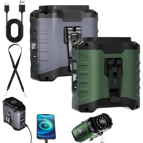 Lot de 2 ventilateurs portables tour de taille et de cou Turbo Track 10000mAh rechargeables, 5 vitesses, affichage LED, pour le travail en extérieur. (1/5)