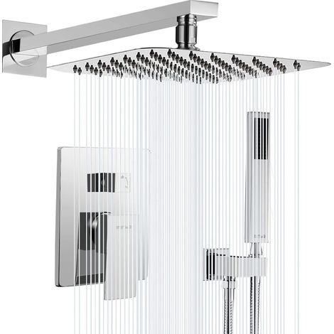Zamery – Colonne de douche encastrée 30cm – Pommeau carré en laiton noir – Technologie d'injection d'air – Douche à main ABS – Installation encastrée (1/5)