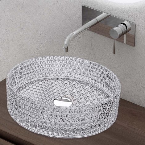 Doporro – Lavabo à poser rond en verre transparent 39x39x12 cm – Sans trop-plein ni perçage – Pour installation sur plan de vasque - Minerva07