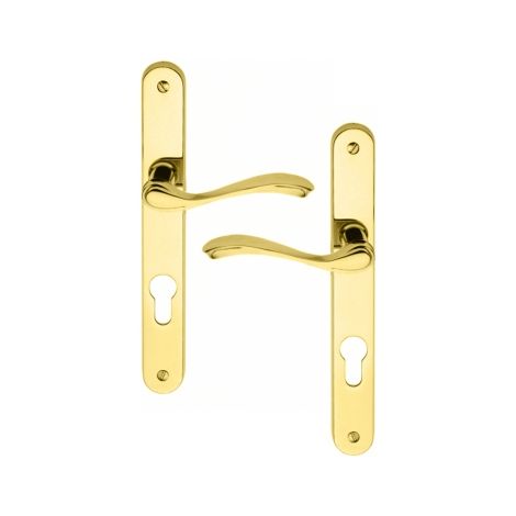 Ouvre&Déco – Lot de 2 poignées de porte LAURA à cylindre – Plaque étroite laiton poli – Entraxe 195 mm – Compatible avec serrures 3 et 5 points