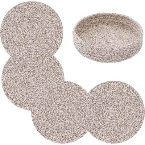 Untersetzer für heiße Gerichte, Untersetzer für heiße Töpfe und Pfannen, 7-Zoll-Topfpads 4 Stück und Aufbewahrungskorb für Arbeitsplatten, Baumwoll-Topflappen für die Küche (braun) (1/4)
