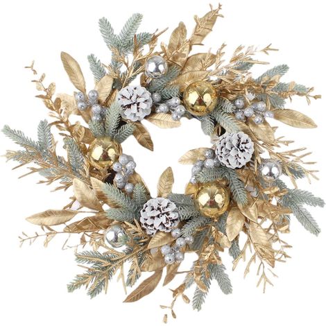 Guirlande De Noël - Couronne Décorative Porte Fenêtre Extérieur Intérieur - Boules Sapin Pommes De Pin Branches Dorées Baies Argentées - Diamètre 40 Cm - 1 Pièce (1/5)