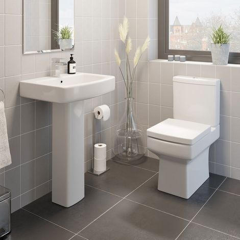Modern Bathroom Cloakroom Close Coupled Toilet & Ceramic Basin Sink Set White