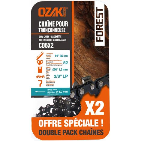 Lot de deux chaînes de tronçonneuse OZAKI sous coque semi carrée: .3/8"LP .050" (1,3mm) 52 entraîneurs ( E52 ).