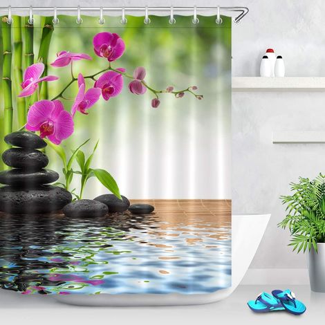 Rideaux de Douche Zen Spa 150X200CM Bambou Vert orchidée Pourpre Rideaux de Bain avec Crochets,Imperméable Polyester Anti Moule Salle de Bain Décor (1/5)