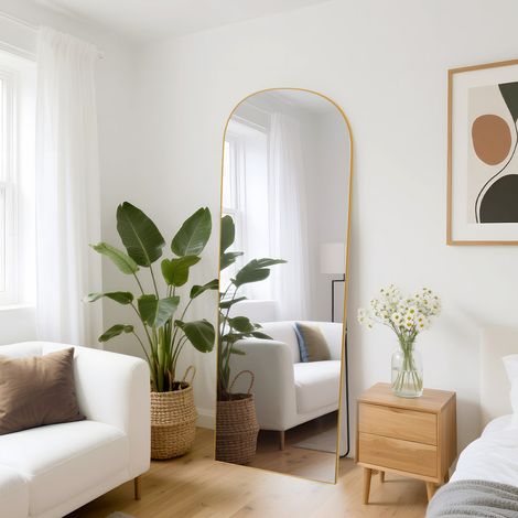 Miroir sur Pied - 162 x 52cm - Miroir Intégral - Miroir de Sol Pleine Longueur - Verre Trempé - pour Chambre Salon Entree -Cadre en Noir - Design Épuré - Doré