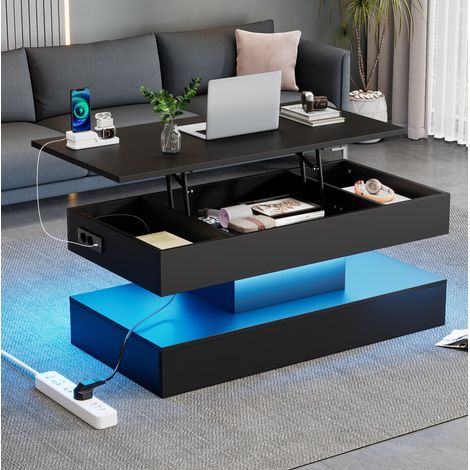 Table basse en panneau de particules 100 x 50 x 42 cm noire avec LED, hauteur réglable (1/5)