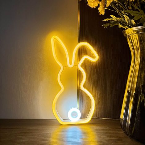 Lampe Néon Lapin De Pâques - Silhouette LED 11x5 5 Pouces - Alimentation Sur Piles AA Ou USB - Décoration Printemps Et Pâques (1/5)