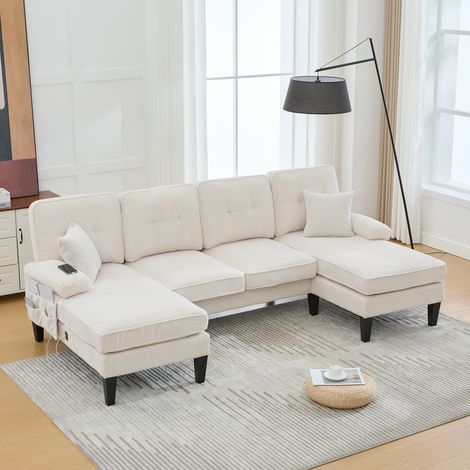 Canapé 4 places en U velours côtelé beige OKMYHOME (1/5)