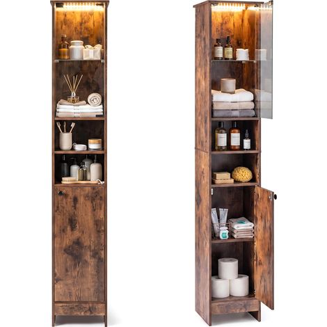 COSTWAY Mobile Alto da Bagno, Mobiletto a Colonna Stretto con Luci LED e Telecomando, Ante in Vetro e Mensole Regolabili, Armadio Salvaspazio a Terra per Soggiorno, 30 x 30 x 170 cm (Marrone Rustico) (1/5)