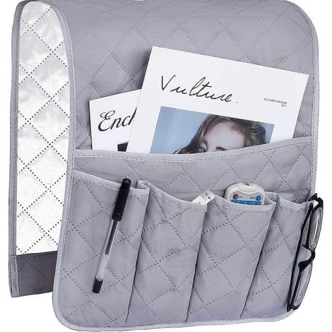 Sac de rangement pour accoudoir de canapé ou de fauteuil, 5 poches - élégant sac de rangement gris, pouvant contenir une télécommande, un téléphone portable, des livres et autres objets. (1/5)