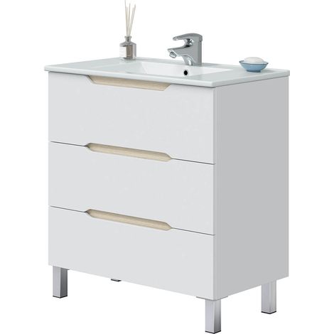 Pegane – Meuble sous vasque simple 80cm – 3 tiroirs sans poignée – Panneaux mélaminés 15mm – Longueur 80 x Profondeur 45 x Hauteur 86 cm