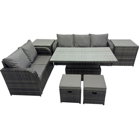 Fimous Rattan Garden Furniture Dining Set 7-seater Patio Height Adjustable Rising Lifting Table Sofa Set with 2 Small Footstools Dark Grey Mixed (1/5)