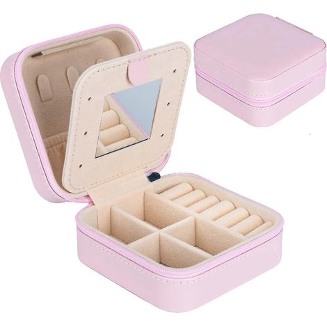 Mini boîte à bijoux portable, organisateur de voyage, coffret à bijoux en cuir double compartiment avec miroir, pour bagues et boucles d'oreilles.-Pink