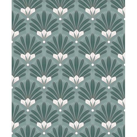 Papier peint éventails Art Nouveau bleu canard (1/2)