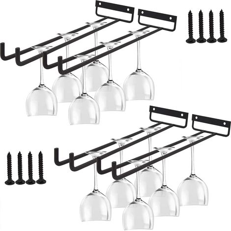 Lot de 4 porte-verres, support métal suspendu, fixation par vis, pour cuisine bar restaurant, noir 30 cm (1/5)