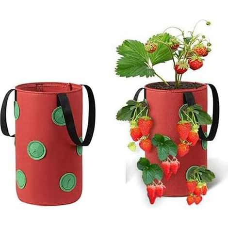 MINKUROW Paquete De 2 Bolsas Para Plantar Fresas - 13 Agujeros - 10 Litros - Bolsas Colgantes Para Macetas De Fresas De Fieltro Para Exteriores E Interiores (Rojo) (1/5)