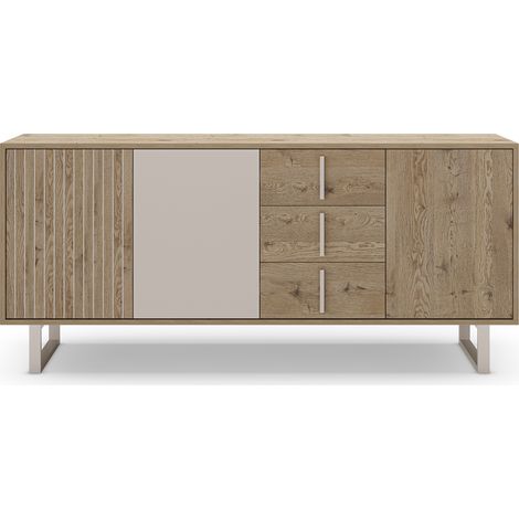 Buffet, meuble de rangement avec 3 portes et 3 tiroirs aspect bois coloris chêne et métal coloris gris - Longueur 180 x Profondeur 40 x Hauteur 80 cm (1/5)