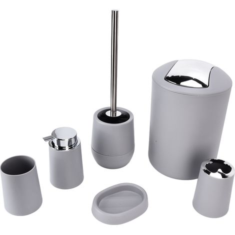 6-teiliges Badezimmer-Accessoire-Set, galvanisierter Zahnbürstenhalter, Mülleimer-Set für Zuhause, Grau (1/5)