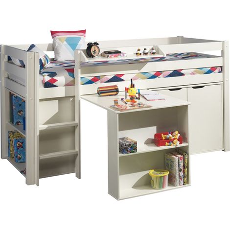 Kinderzimmer Kombination mit Hochbett PINOO-12 incl. Schreibtisch, Regal und Kommode in Kiefer massiv weiß lackiert, B/H/T: ca. 210/114/106 cm
