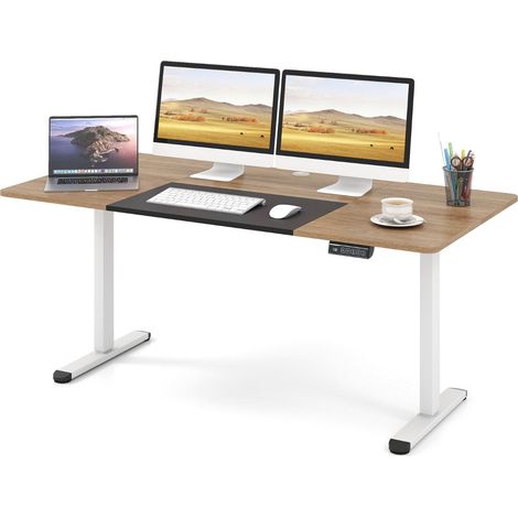 Bureau debout électrique réglable haut 140 x 70 cm avec trou pour câble ergonomique design en bois d'ingénierie beige