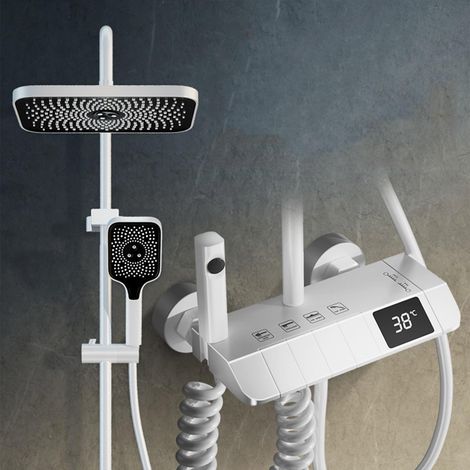 AUTRUCKER Ensemble de robinet de douche thermostatique LCD blanc, affichage de la température, robinet de baignoire de douche