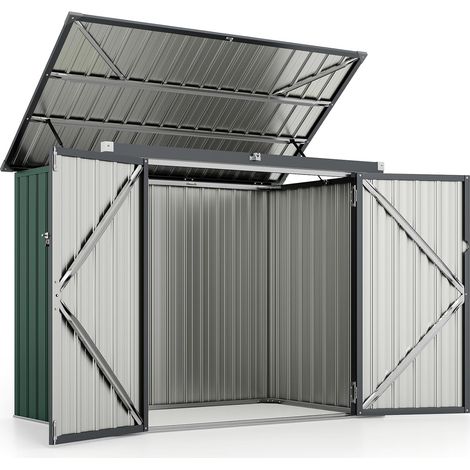 GOPLUS 1,51m² Abris de Jardin en Métal Galvanisé Extérieur, Cache Poubelle, Résistant aux Intempérie,Couvercle Relevable, 2 Portes Verrouillable, Structure Renforcée, 1,97m³,172x100x129cm (Vert) (1/3)