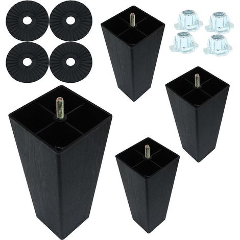 Quatre pieds de canapé carrés de 8 pouces, filetage M8, pieds de canapé en plastique noir, compatibles avec les lits, les chaises, les armoires, etc. (1/4)