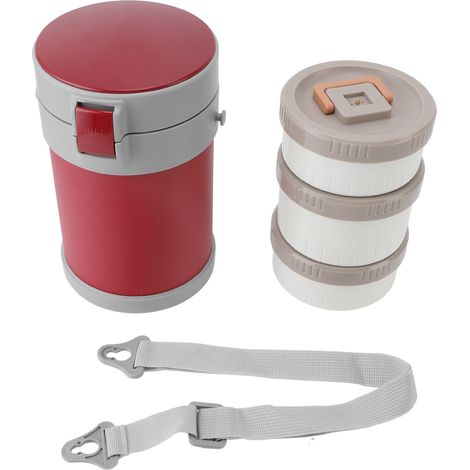 Bocal alimentaire isolé 2L, 3 niveaux, passe au micro-ondes, boîte à déjeuner sous vide en acier inoxydable 304 avec bandoulière pour l'école et le bureau rouge. (1/5)
