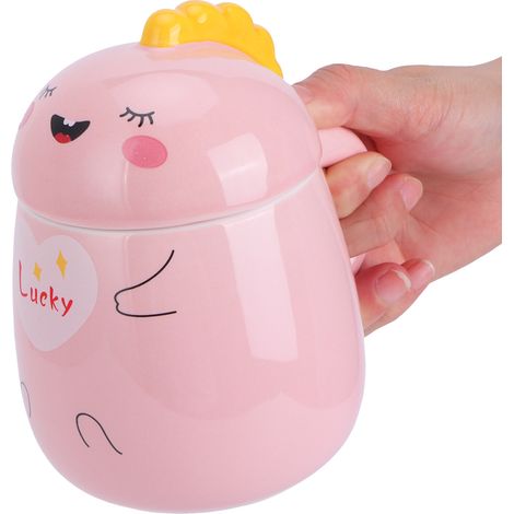 Mug en Céramique 450ml avec Couvercle et Cuillère - Idée Cadeau Fille pour Bureau ou Maison - Rose Porte-Bonheur (1/5)