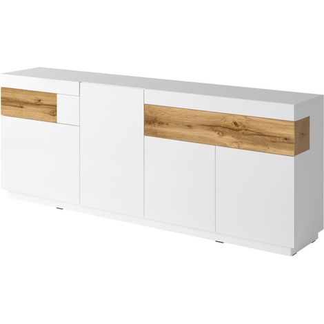 Buffet 3 portes 2 tiroirs KILES – Blanc et chêne – Design moderne spacieux (1/4)