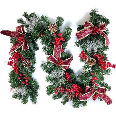 Flexible PVC Christmas Garland without Lights, with Berry-Shaped Christmas Balls and Bow Tie, 1.8m x 2.7m, for Stairs, Railings, Fireplaces, Doors (1/5)