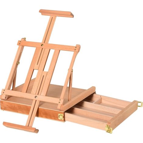 Caballete de taller plegable de madera de haya, regulable, con cajón, natural (1/5)