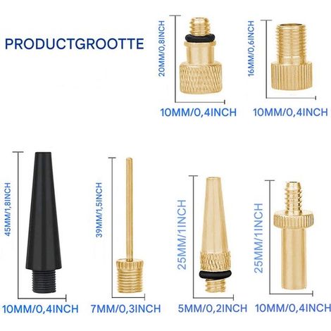 Adaptador de válvula de 15 piezas，Adaptadores de válvula Presta y Schrader para bicicletas，Bomba de aguja para inflar balones，Dorado (1/4)