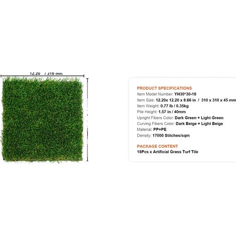 Tapis en Herbe Artificielle, Facile à Nettoyer, Aspect Naturel, 12 x 12in 18pcs (1/2)