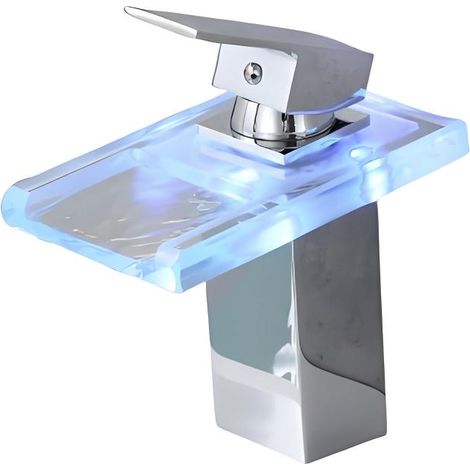 Robinet de salle de bain avec effet cascade LED, mitigeur de salle de bain, robinet de lavabo avec 3 lumières changeantes, robinet de vasque, bras articulé, chromé (1/5)