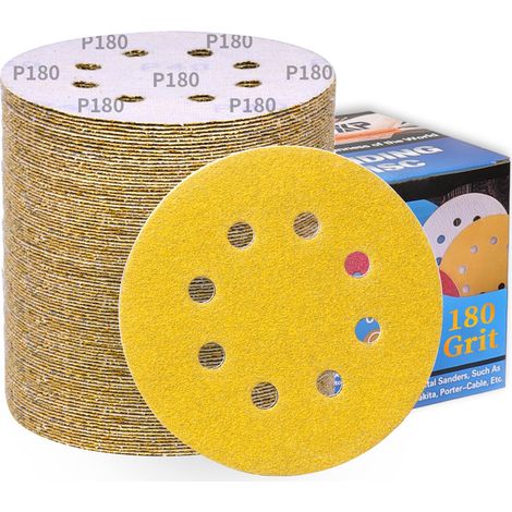Disques abrasifs 125 mm grain 180, papier abrasif en alumine calcinée 8 trous, revêtement abrasif antiadhésif pour ponceuse orbitale (100 pièces) (1/5)