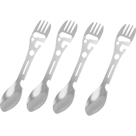 Lot de 4 cuillères-fourchettes multifonctions 10 en 1 en acier inoxydable, idéales pour le camping, la randonnée et les voyages. Comprend également un ouvre-bouteille, une clé hexagonale et une scie. (1/4)