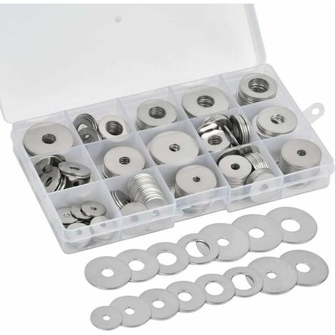 225 304 rondelles plates en acier inoxydable M3 M4 M5 M6 M8 M10 M12 Assortiment de rondelles plates, verrouillage et ensemble d'outils à main hydrauliques Différentes tailles,- (1/5)