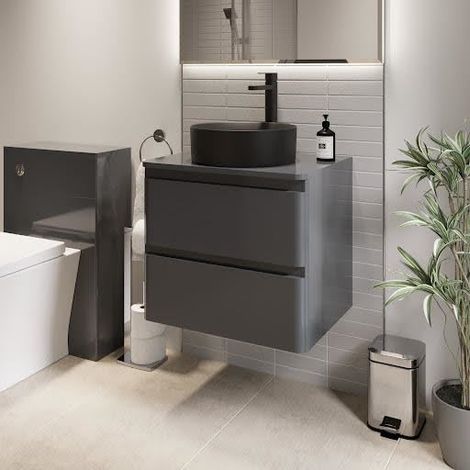 Bathroom Cloakroom Vanity Unit Wall Mounted Countertop Basin Grey Gloss 600mm (1/5)