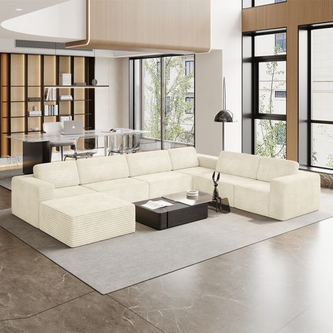 7-Sitzer Panorama-Modulsofa, Öffnung links, Cordbezug, 1 Hocker, platzsparendes Sofa für große Wohnzimmer, 404 x 303 x 82 cm, Beige