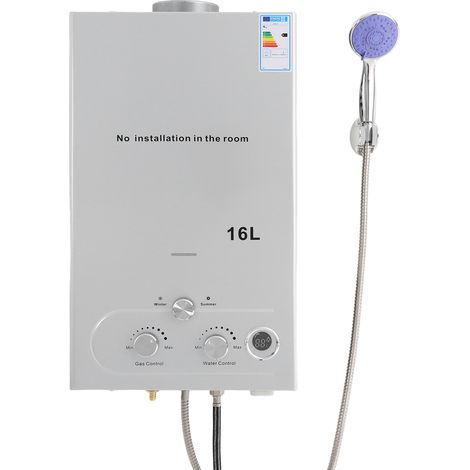 Calentador de agua instantáneo a gas licuado 16 L 32 kW Calentador de agua a GLP, calentador de agua instantáneo sin depósito con cabezal de ducha galvanizado y manguera de ducha (1/5)