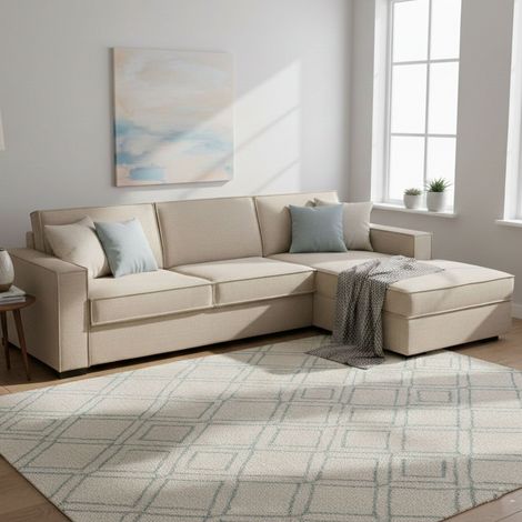 Dmora - Sofa cama Daaki, Sofá de esquina, 100% Made in Italy, Sofá con apertura giratoria, Península contenedor derecha, con reposabrazos delgados, Cm 260x95h90, Beige (1/5)