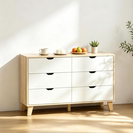 Cassettiera con 6 cassetti, bianco e rovere, 120 x 40 x 76 cm (1/5)